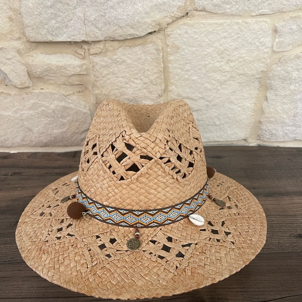 Stylish Tan Straw Hat with Decorative Band